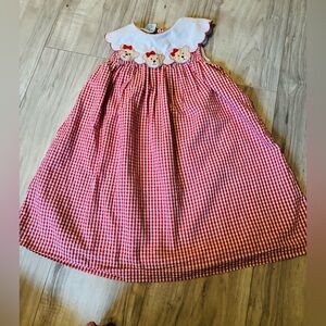 Red Gingham Dress with Bear Embroidery